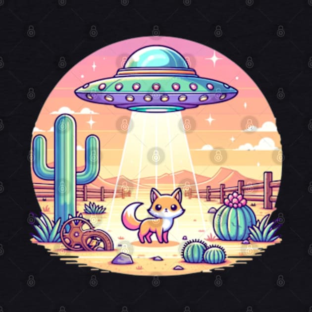 Western UFO Abducting Kawaii Fox Cactus Cartoon by Lavender Celeste